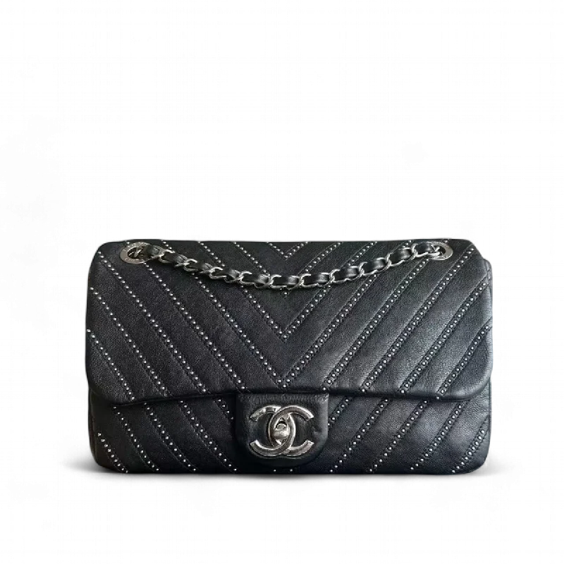 Chanel All - Match Handbag for Versatile StylingChanel Seasonal Flap - Studded 28CM Chevron Calfskin Black Silver Hardware Series 24