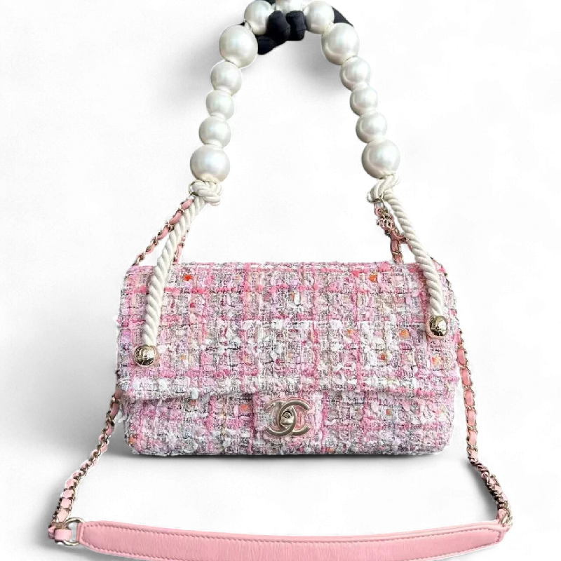 Chanel Handbag with Adjustable Strap for Comfort*Rare, Unused* Tweed Small Pearl Handle Pink GHW No 28