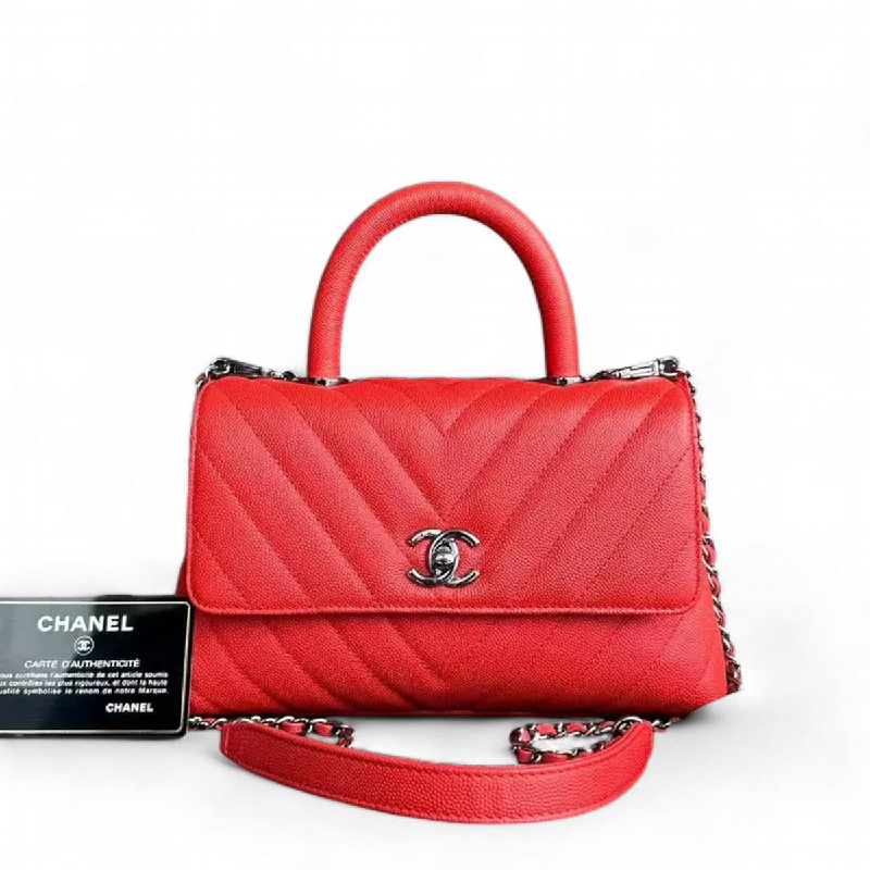 Chanel Designer Handbag with Unique DesignChanel Caviar Small Coco Handle Chevron Calfskin Light Red Silver Hardware Series 28