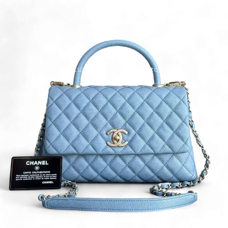 Chanel Handbag with Adjustable Strap for Comfort*Receipt, Full Set* Chanel Coco Handle Medium - Caviar 29CM Quilted Sky Blue Gold Hardware Series 27