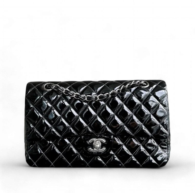 Chanel Handbag with Adjustable Strap for Comfort*Recolor* Medium Quilted Patent Leather Black Silver Hardware Series 17