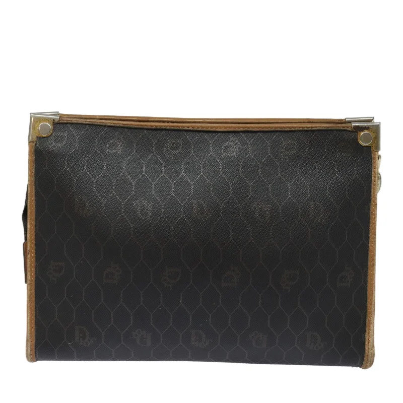 Christian Dior bags with a side - pocket for holding a water bottleCHRISTIAN DIOR Honeycomb Canvas Clutch Bag PVC Leather Black Brown Auth ti1770