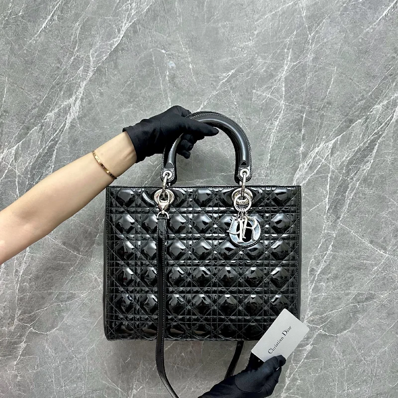 Contemporary Christian Dior handbags with a unique shapeLady Large Patent Leather Black SHW