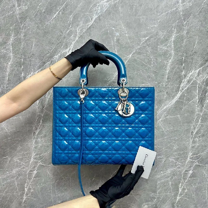 Christian Dior handbags with a back - pocket for quick storageLady Large Patent Vernis Leather Blue Malachite SHW