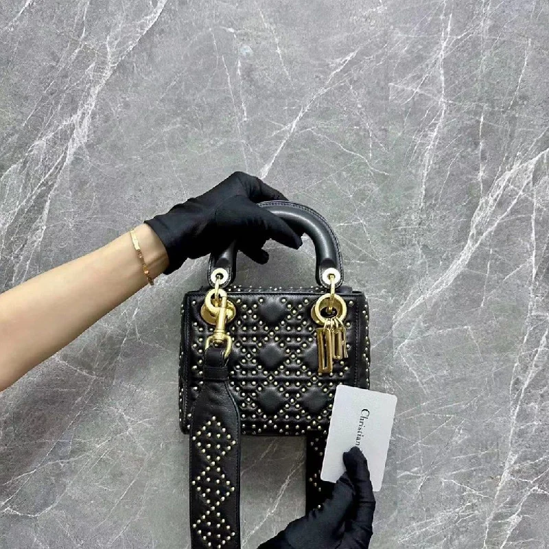 Stylish Christian Dior shoulder bags with a tassel - adorned zipperLady Mini Studded Lambskin Black GHW