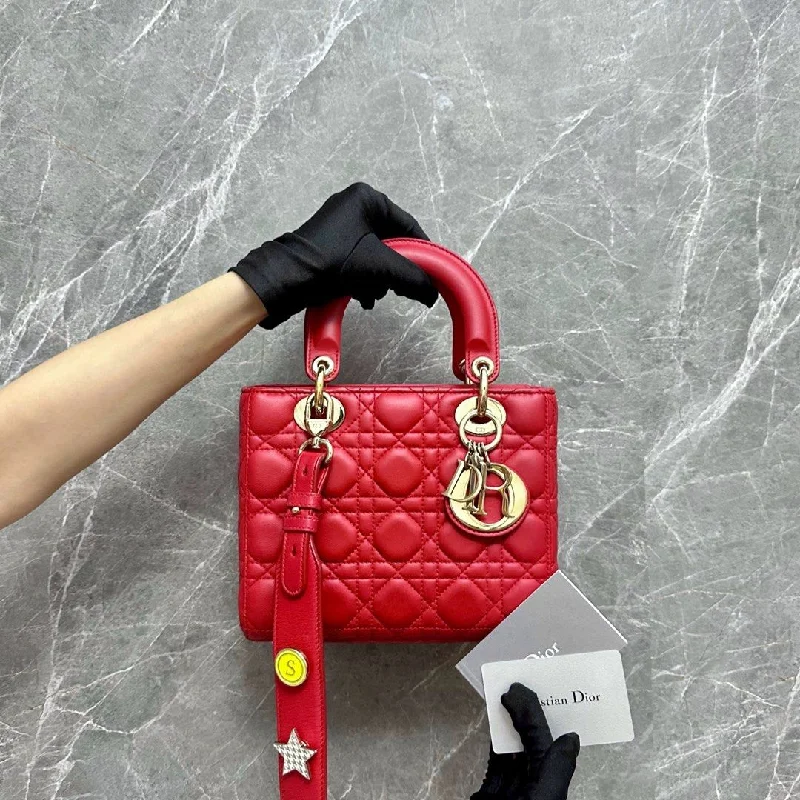 Christian Dior Saddle bags with a distressed leather finishLady Small Lambskin Charm ABC Red GHW