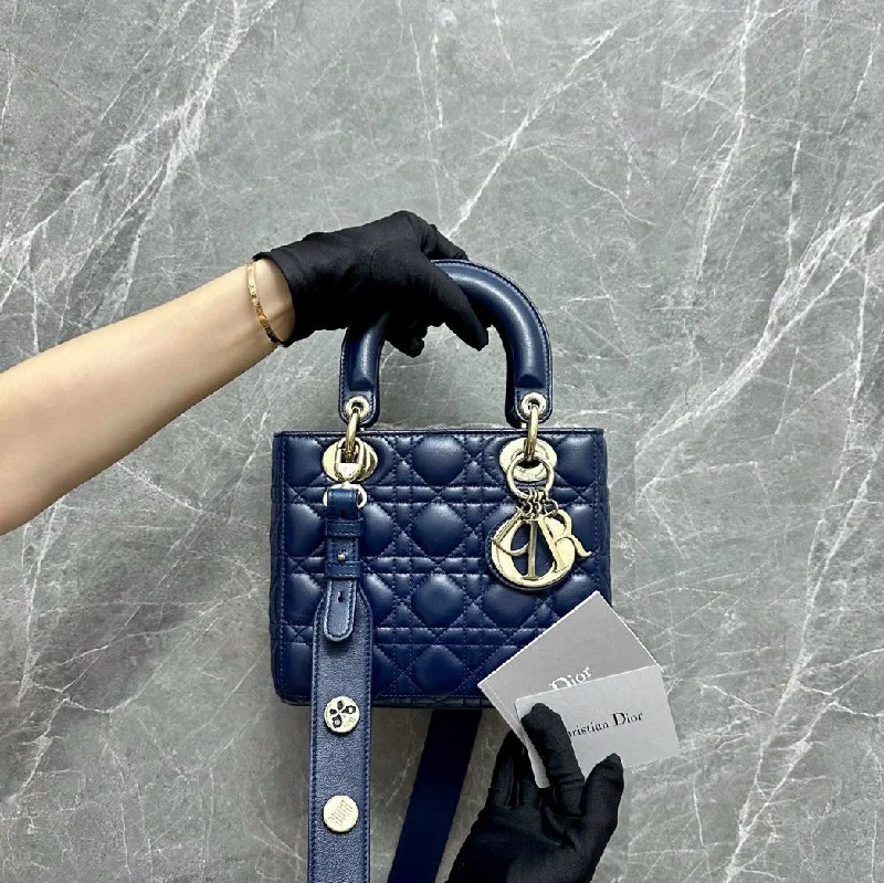 Christian Dior Saddle bags with a studded trim for a bold lookLady Small Lambskin Navy Blue GHW Charm Badge MyABC