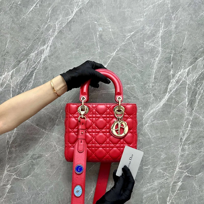 Christian Dior tote bags with a printed Dior logo on the frontLady Small Lambskin Red GHW MyABC Charm Badge