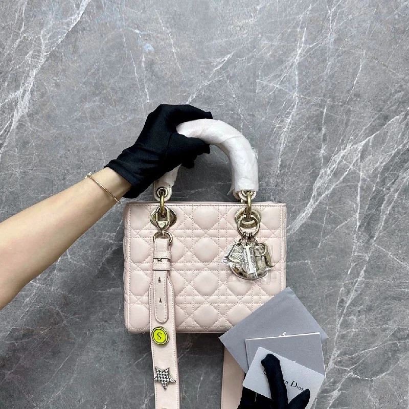 Christian Dior Saddle bags with a studded trim for a bold lookLady Small Sakura Pink ABC Lambskin GHW