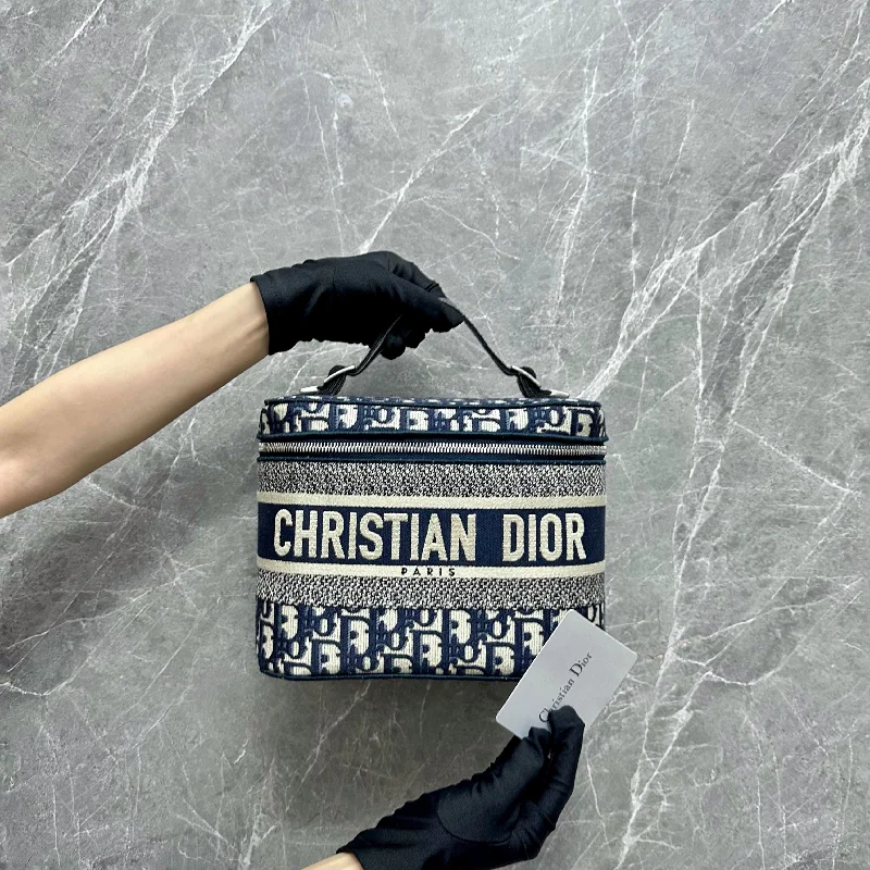 Christian Dior handbags with a detachable mirror for on - the - go touch - upsTravel Vanity Case Blue Oblique Embroidery