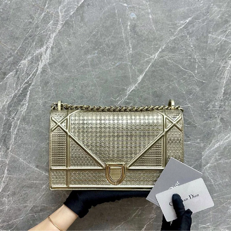 Christian Dior bags with a zip - top closure and multiple compartments*Like New In Box* Diorama Medium Ama Micro-Cannage Flap Gold Metalic