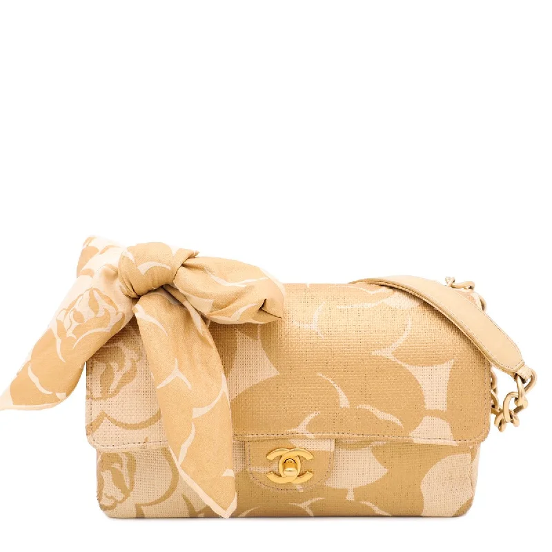 Chanel Designer Handbag with Unique DesignChanel Bicolor CC Raffia Camellia Print Flap Bag W- Twilly