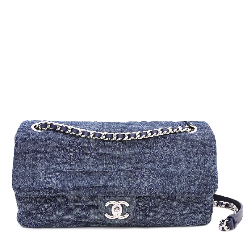 Chanel Small Crossbody Bag for TravelChanel Blue Camellia Embroidered Distressed Denim Flap Bag