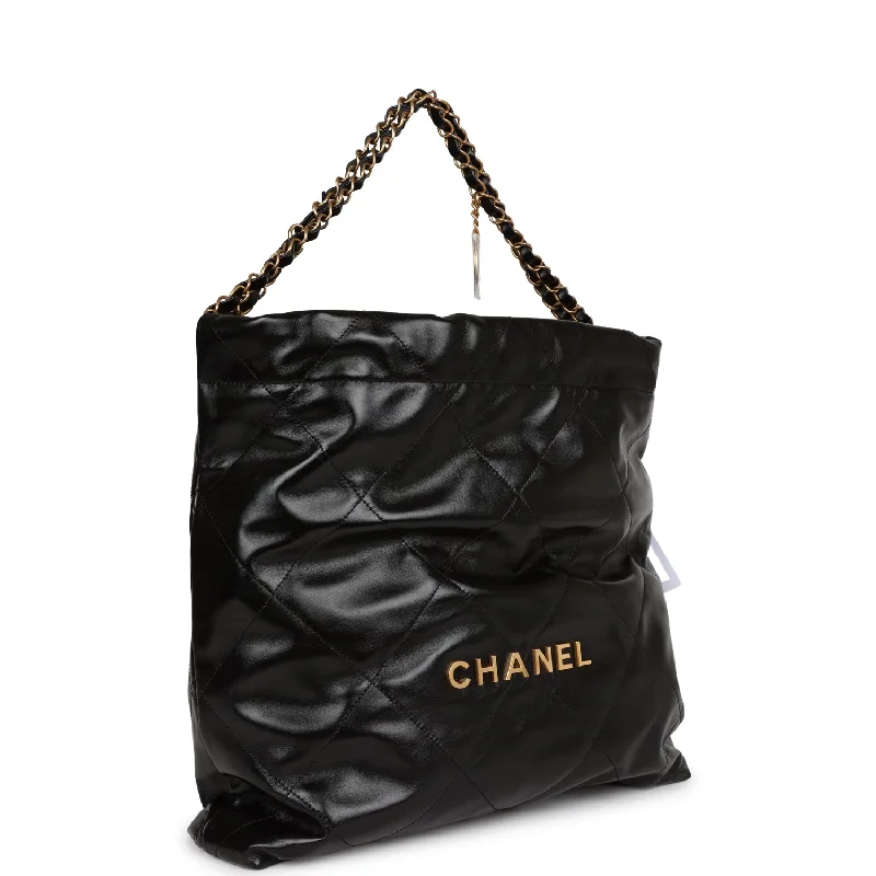 Chanel Handbag with Adjustable Strap for ComfortChanel Medium 22 Bag Black Calfskin Aged Gold Hardware