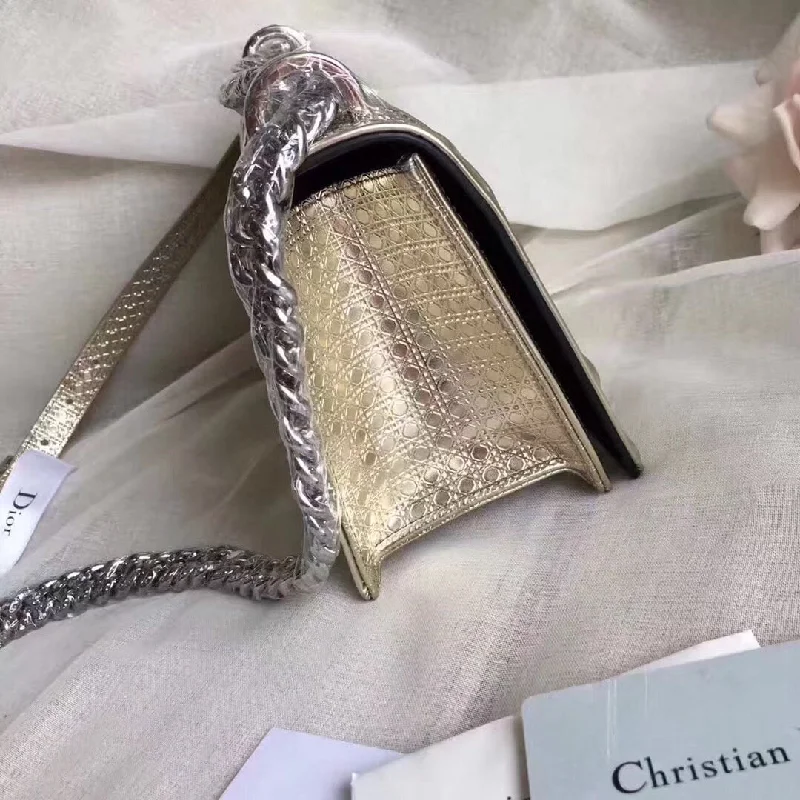 Christian Dior bags with a side - pocket for holding a water bottleDior Diorama Bag In Champagne Metallic Calfskin