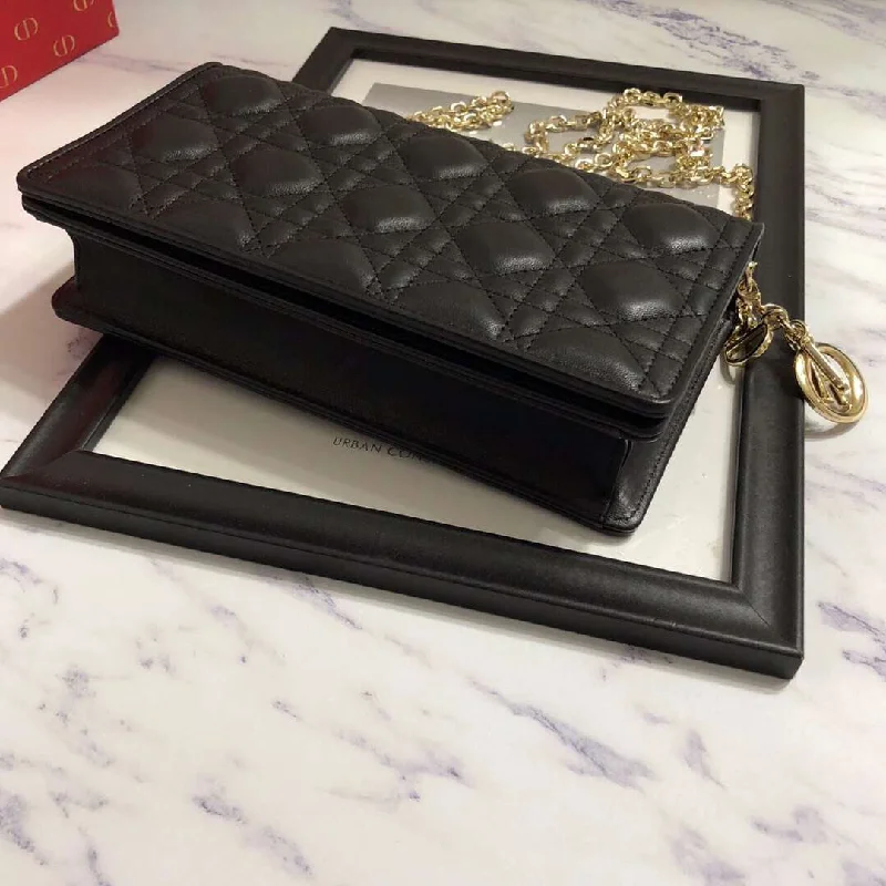 Christian Dior handbags with a detachable mirror for on - the - go touch - upsDior Lady Dior Clutch With Chain In Black Lambskin