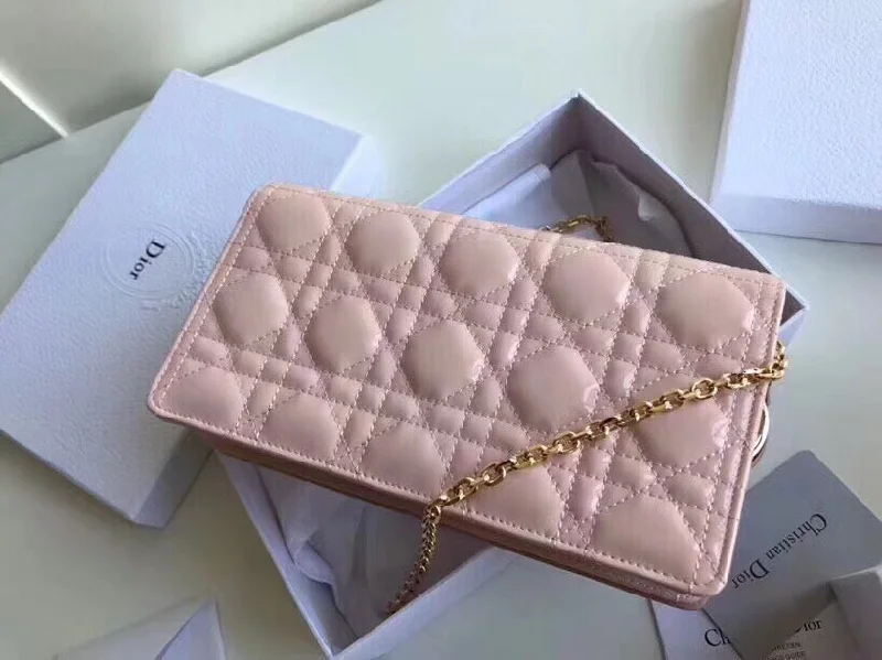 Christian Dior handbags with a back - pocket for quick storageDior Lady Dior Clutch With Chain In Pink Patent