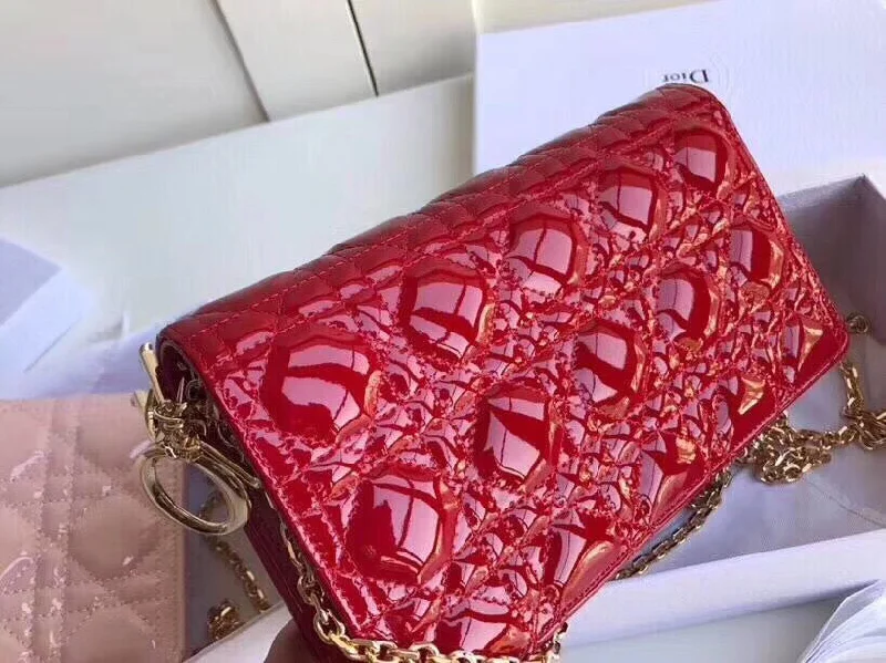 Luxury Christian Dior crossbody bags with a chain - link strapDior Lady Dior Clutch With Chain In Red Patent Calfskin