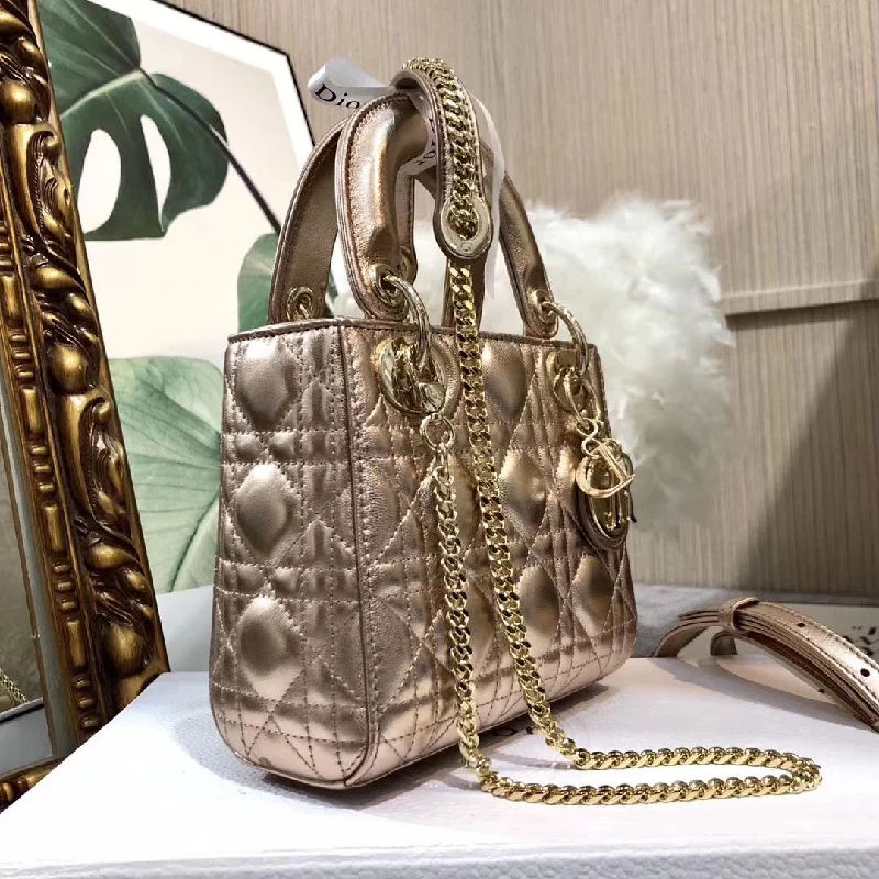 Christian Dior tote bags with a printed Dior logo on the frontDior Lady Dior Mini Chain Bag In Gold Metallic Calfskin