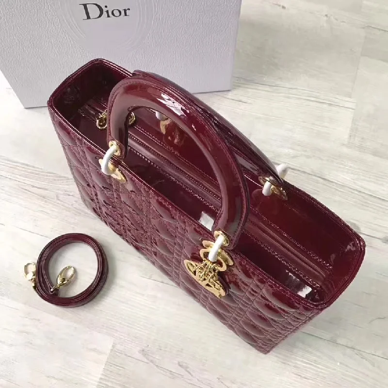 Luxury Christian Dior crossbody bags with a chain - link strapDior Large Lady Dior Bag In Bordeaux Patent Leather