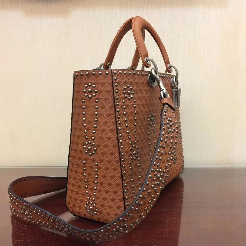 Contemporary Christian Dior handbags with a unique shapeDior Large Lady Dior Bag In Brown Studded Calfskin