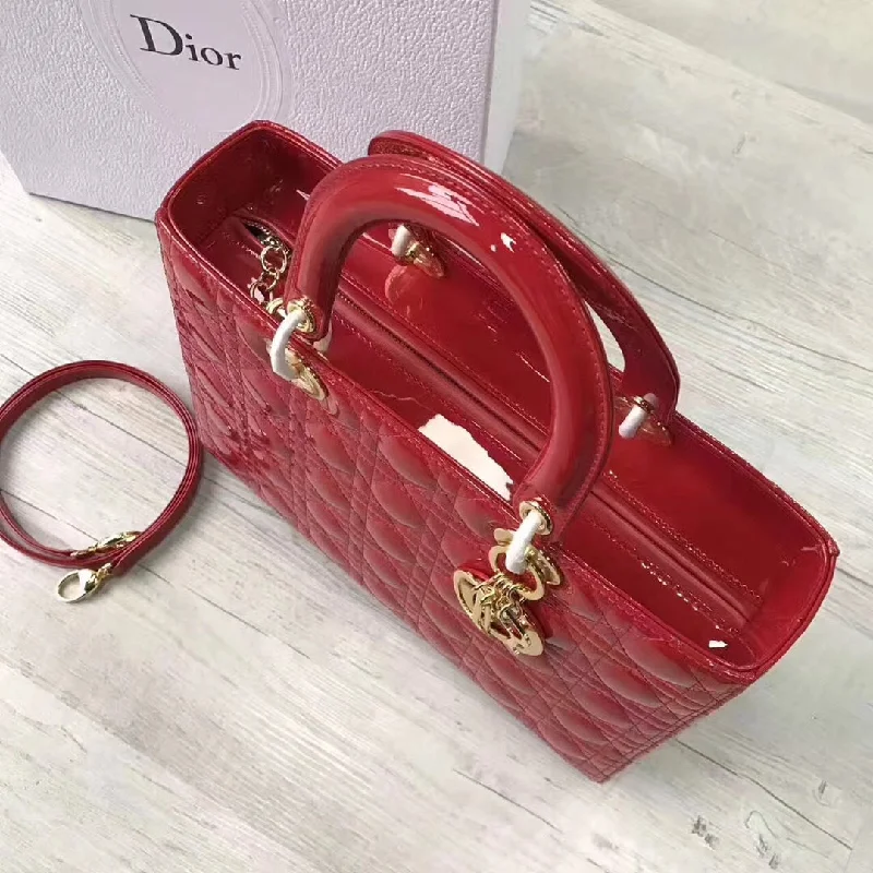 Christian Dior handbags with a snap - button closure and a decorative buckleDior Large Lady Dior Bag In Red Patent Leather