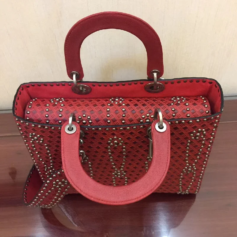 Christian Dior Saddle bags with a studded trim for a bold lookDior Large Lady Dior Bag In Red Studded Calfskin