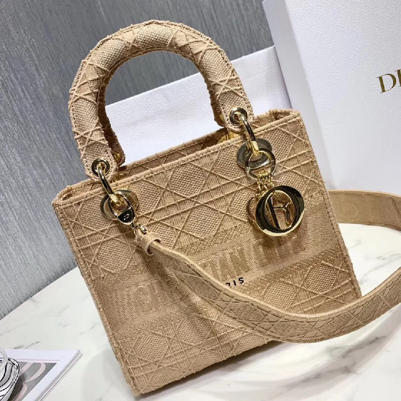 Contemporary Christian Dior handbags with a unique shapeDior Medium Lady D-Lite Bag In Beige Embroidered Canvas